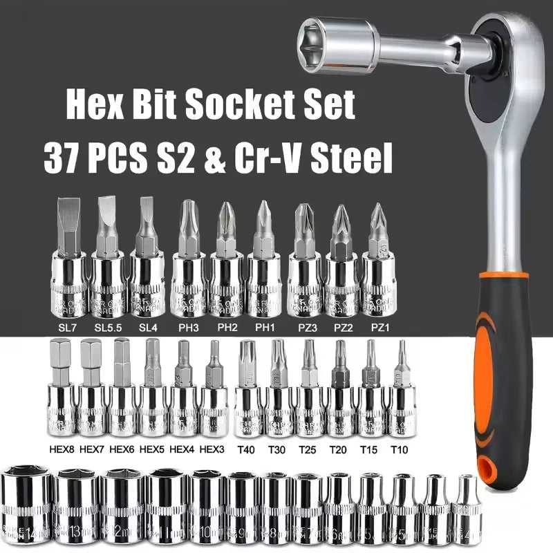 46PCS 1/4 Socket Wrench Screwdriver Bits Ratchet Driver Kit Repairing Tool Set