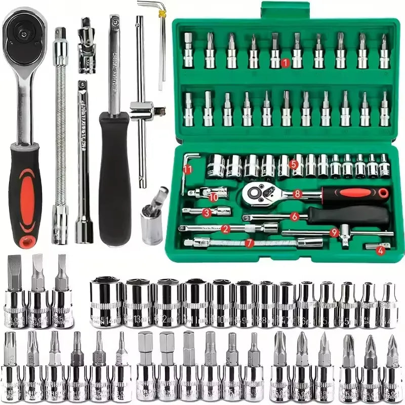 Set of tools including sockets, wrenches, and screwdrivers displayed on a green tray.