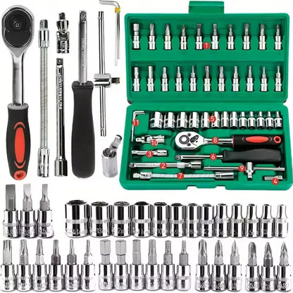 Set of tools including sockets, wrenches, and screwdrivers displayed on a green tray.